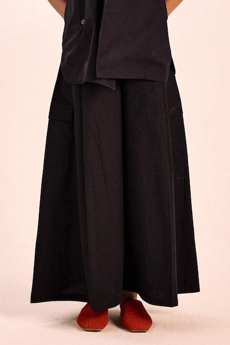 Kharakapas_Black Poplin Flared Evening Pants _Online_at_Aza_Fashions