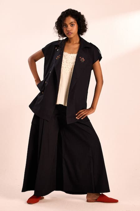 Shop_Kharakapas_Black Poplin Flared Evening Pants _Online_at_Aza_Fashions