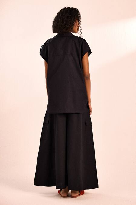 Shop_Kharakapas_Black Poplin Flared Evening Pants _at_Aza_Fashions