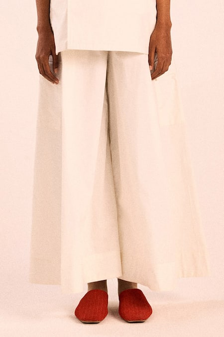 Kharakapas_White Poplin Flared Pants _Online_at_Aza_Fashions