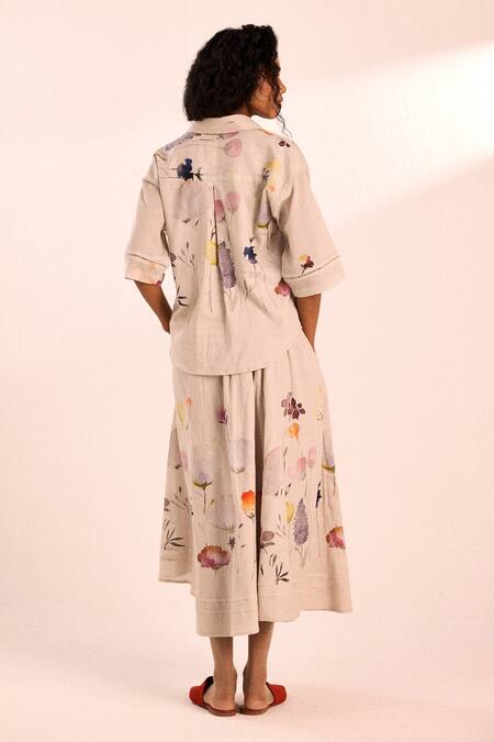 Shop_Kharakapas_Beige Voile Collared Floral Print Oatmeal Top _at_Aza_Fashions