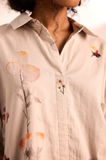 Shop_Kharakapas_Beige Voile Collared Floral Print Oatmeal Top _Online_at_Aza_Fashions