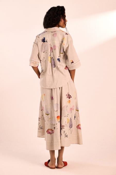 Shop_Kharakapas_Beige Voile Gathered Floral Midi Skirt _at_Aza_Fashions