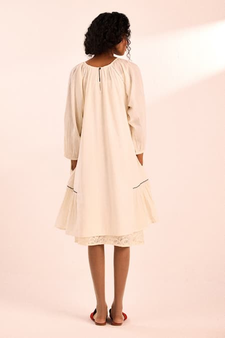 Shop_Kharakapas_Off White Cotton, Voile Embroidery Floral Midi Dress _at_Aza_Fashions