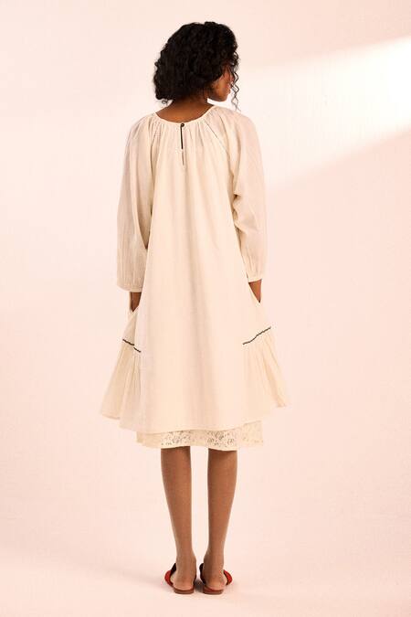 Shop_Kharakapas_Off White Peony Lace Midi Dress_at_Aza_Fashions