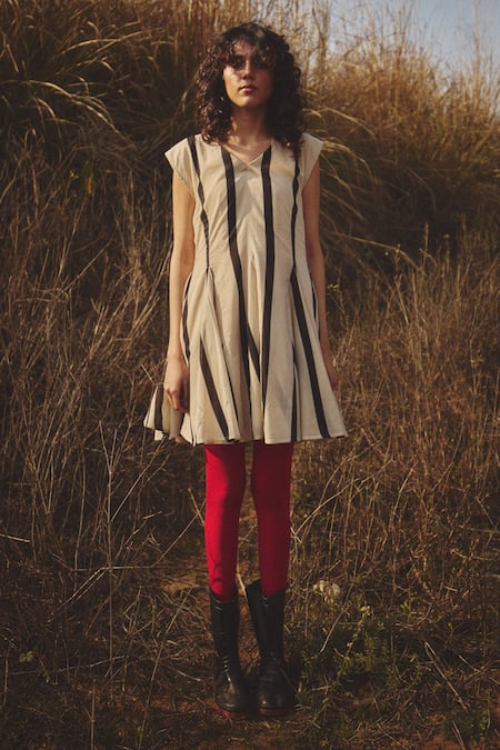 Buy_Kharakapas_Black Voile Round Neck Structured Vertical Stripe Dress _Online_at_Aza_Fashions