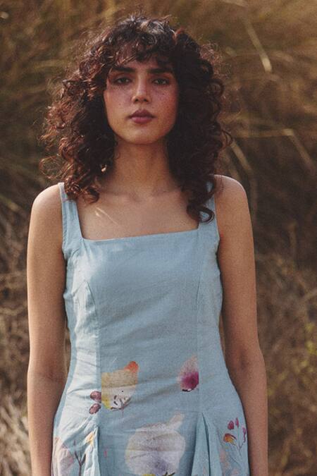 Kharakapas Blue Voile Square Neck Skater Dress With Hand-painted Floral Motifs Online at Aza Fashions Kharakapas_Blue Voile Square Neck Skater Dress With Hand-painted Floral Motifs _Online_at_Aza_Fashions