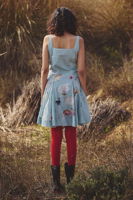 Shop Kharakapas Blue Voile Square Neck Skater Dress With Hand-painted Floral Motifs at Aza Fashions Shop_Kharakapas_Blue Voile Square Neck Skater Dress With Hand-painted Floral Motifs _at_Aza_Fashions