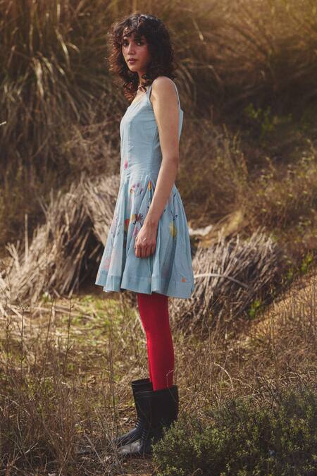 Buy Kharakapas Blue Voile Square Neck Skater Dress With Hand-painted Floral Motifs Online at Aza Fashions Buy_Kharakapas_Blue Voile Square Neck Skater Dress With Hand-painted Floral Motifs _Online_at_Aza_Fashions