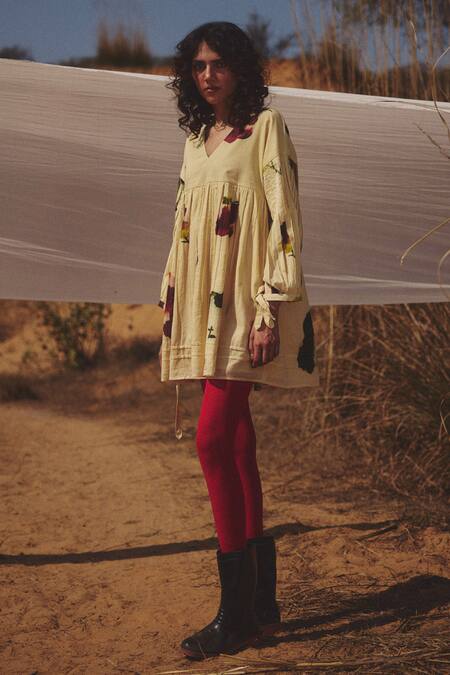 Shop_Kharakapas_Yellow Voile V-neck Buttercup Dress With Billowy Sleeves _at_Aza_Fashions
