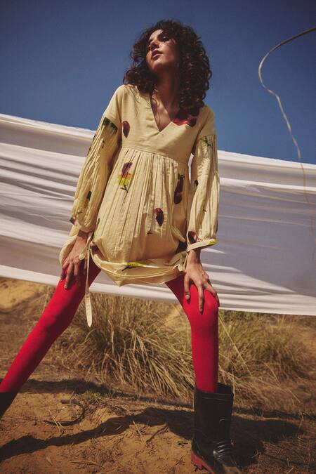 Kharakapas_Yellow Voile V-neck Buttercup Dress With Billowy Sleeves _Online_at_Aza_Fashions