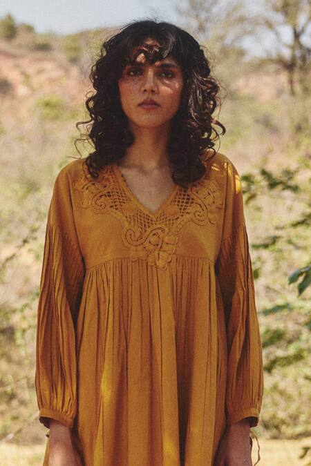 Kharakapas_Mustard Voile Round Neck Lace Accent Yellow Dress _Online_at_Aza_Fashions