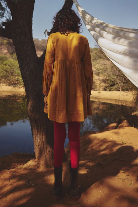 Shop_Kharakapas_Mustard Voile Round Neck Lace Accent Yellow Dress _at_Aza_Fashions