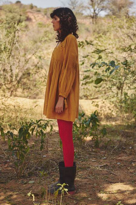 Buy_Kharakapas_Mustard Voile Round Neck Lace Accent Yellow Dress _Online_at_Aza_Fashions