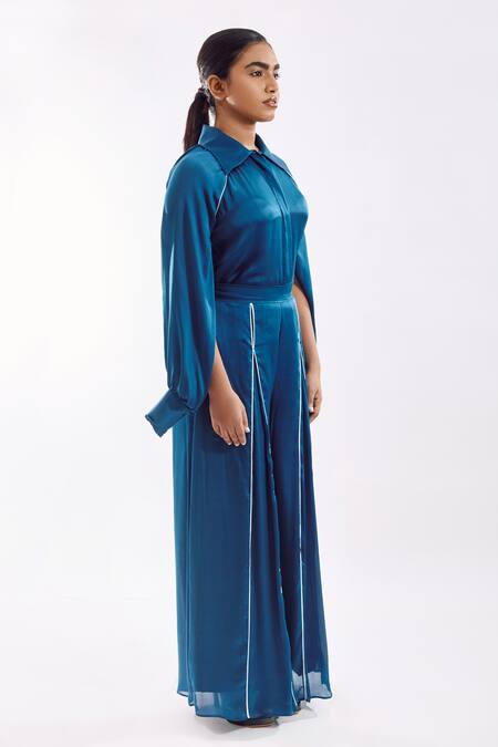 Shop Notsosure Blue Georgette, Satin Collared Cape Coord Pant Set Online at Aza Fashions Shop_Notsosure_Blue Georgette, Satin Collared Cape Coord Pant Set _Online_at_Aza_Fashions
