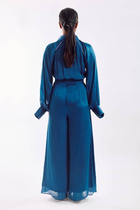 Shop Notsosure Blue Georgette, Satin Collared Cape Coord Pant Set at Aza Fashions Shop_Notsosure_Blue Georgette, Satin Collared Cape Coord Pant Set _at_Aza_Fashions