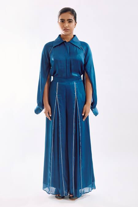 Notsosure Blue Georgette, Satin Collared Cape Coord Pant Set at Aza Fashions Notsosure_Blue Georgette, Satin Collared Cape Coord Pant Set _at_Aza_Fashions