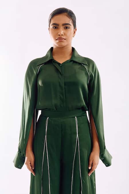 Notsosure Green Georgette, Satin Collared Cape Coord Pant Set Online at Aza Fashions Notsosure_Green Georgette, Satin Collared Cape Coord Pant Set _Online_at_Aza_Fashions