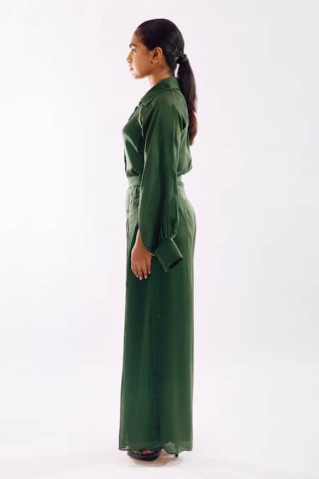 Shop Notsosure Green Georgette, Satin Collared Cape Coord Pant Set Online at Aza Fashions Shop_Notsosure_Green Georgette, Satin Collared Cape Coord Pant Set _Online_at_Aza_Fashions