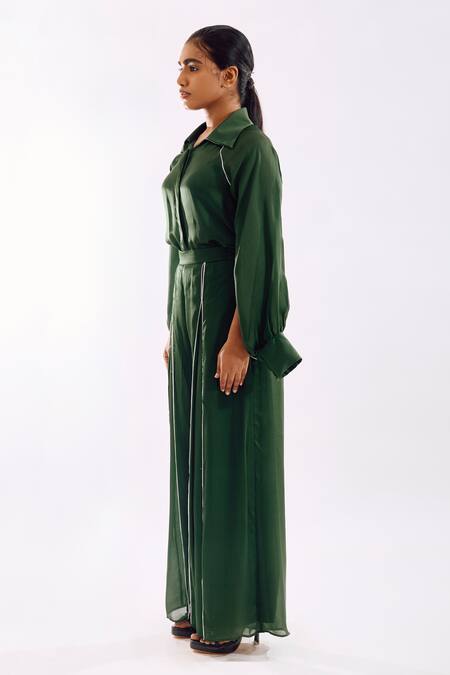 Notsosure Green Georgette, Satin Collared Cape Coord Pant Set at Aza Fashions Notsosure_Green Georgette, Satin Collared Cape Coord Pant Set _at_Aza_Fashions