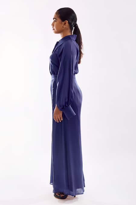 Notsosure_Blue Georgette, Satin Piping Collared Cape Coord Set With Slit Detail _Online_at_Aza_Fashions