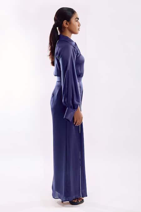 Buy_Notsosure_Blue Georgette, Satin Piping Collared Cape Coord Set With Slit Detail _Online_at_Aza_Fashions
