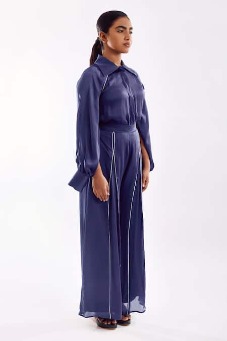 Shop_Notsosure_Blue Georgette, Satin Piping Collared Cape Coord Set With Slit Detail _Online_at_Aza_Fashions