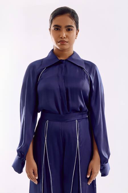 Notsosure_Blue Georgette, Satin Piping Collared Cape Coord Set With Slit Detail _at_Aza_Fashions
