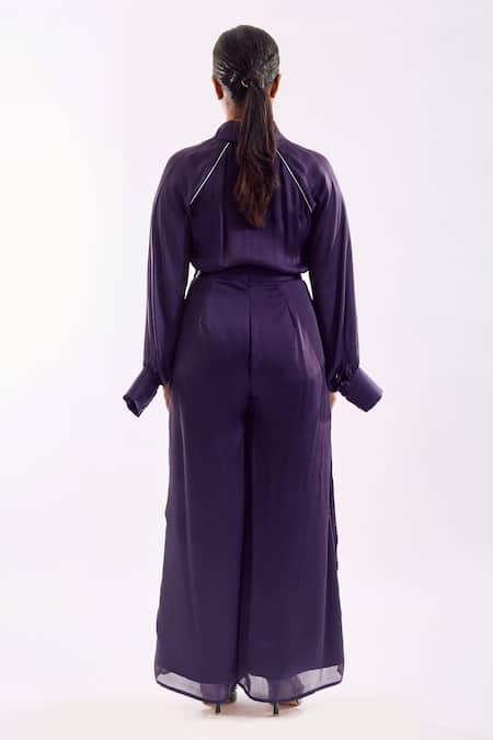 Shop Notsosure Purple Georgette, Satin Collared Cape Coord Pant Set at Aza Fashions Shop_Notsosure_Purple Georgette, Satin Collared Cape Coord Pant Set _at_Aza_Fashions