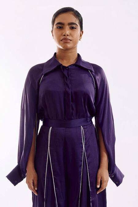 Notsosure Purple Georgette, Satin Collared Cape Coord Pant Set Online at Aza Fashions Notsosure_Purple Georgette, Satin Collared Cape Coord Pant Set _Online_at_Aza_Fashions