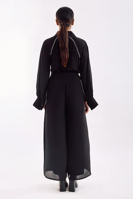 Shop Notsosure Black Georgette, Satin Collared Cape Coord Pant Set at Aza Fashions Shop_Notsosure_Black Georgette, Satin Collared Cape Coord Pant Set _at_Aza_Fashions