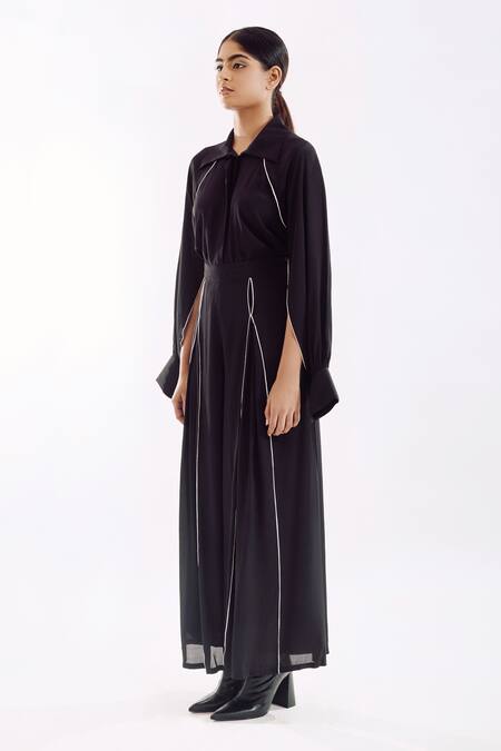 Notsosure Black Georgette, Satin Collared Cape Coord Pant Set Online at Aza Fashions Notsosure_Black Georgette, Satin Collared Cape Coord Pant Set _Online_at_Aza_Fashions