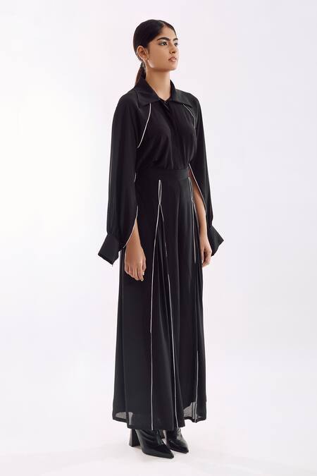 Notsosure Black Georgette, Satin Collared Cape Coord Pant Set at Aza Fashions Notsosure_Black Georgette, Satin Collared Cape Coord Pant Set _at_Aza_Fashions