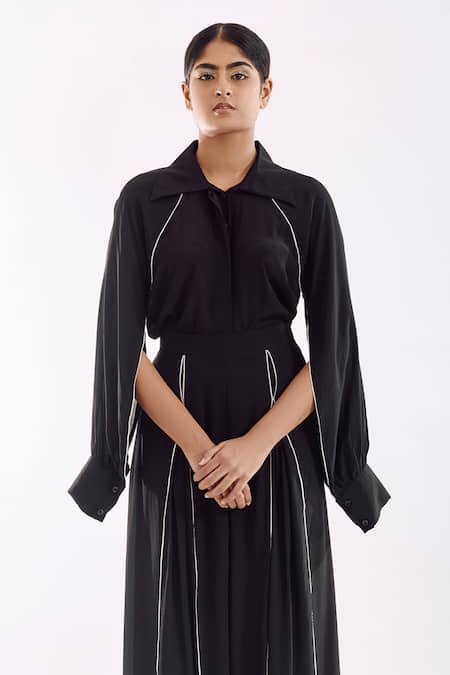 Buy Notsosure Black Georgette, Satin Collared Cape Coord Pant Set Buy_Notsosure_Black Georgette, Satin Collared Cape Coord Pant Set