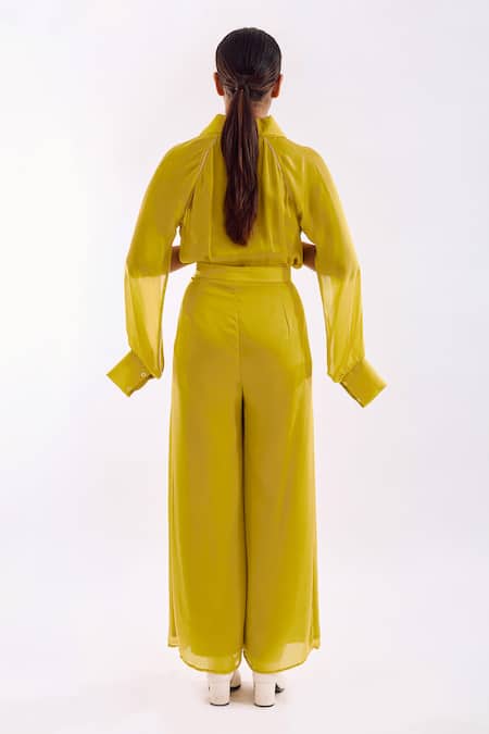 Shop_Notsosure_Yellow Georgette, Satin Collared Cape Coord Pant Set _at_Aza_Fashions