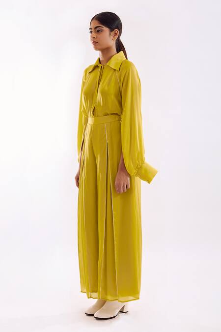 Notsosure_Yellow Georgette, Satin Collared Cape Coord Pant Set _Online_at_Aza_Fashions