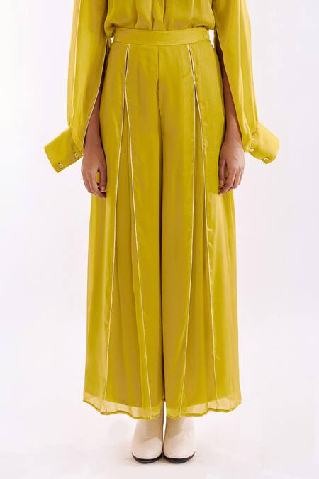Buy_Notsosure_Yellow Georgette, Satin Collared Cape Coord Pant Set _Online_at_Aza_Fashions