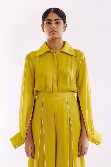 Shop_Notsosure_Yellow Georgette, Satin Collared Cape Coord Pant Set _Online_at_Aza_Fashions