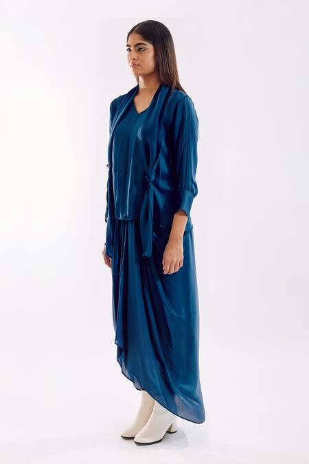 Notsosure_Blue Georgette, Satin V-neck Side Tie Coord Set _Online_at_Aza_Fashions