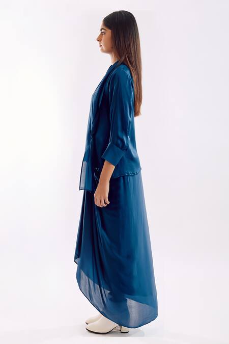 Buy_Notsosure_Blue Georgette, Satin V-neck Side Tie Coord Set _Online_at_Aza_Fashions