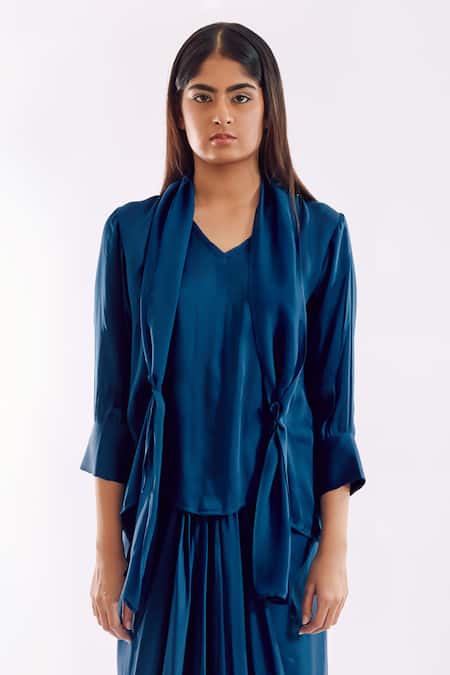 Shop_Notsosure_Blue Georgette, Satin V-neck Side Tie Coord Set _Online_at_Aza_Fashions