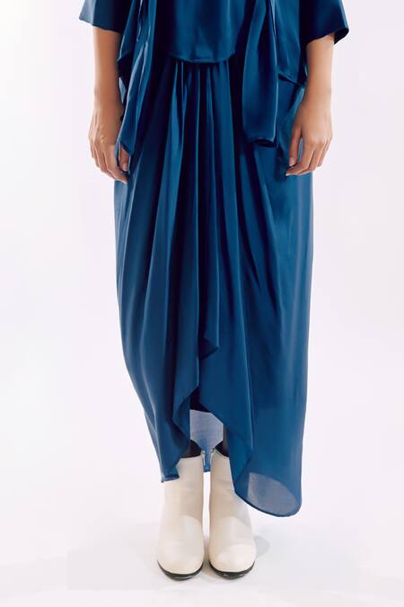 Notsosure_Blue Georgette, Satin V-neck Side Tie Coord Set _at_Aza_Fashions
