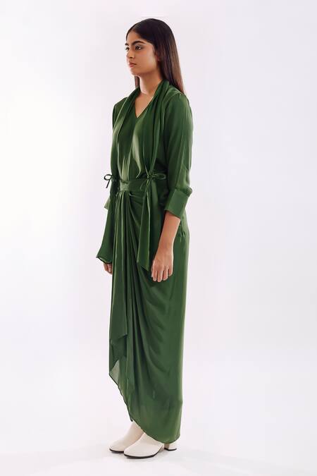 Notsosure_Green V-neck Side Tie Coord Set _Online_at_Aza_Fashions