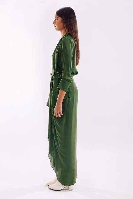 Buy_Notsosure_Green V-neck Side Tie Coord Set _Online_at_Aza_Fashions