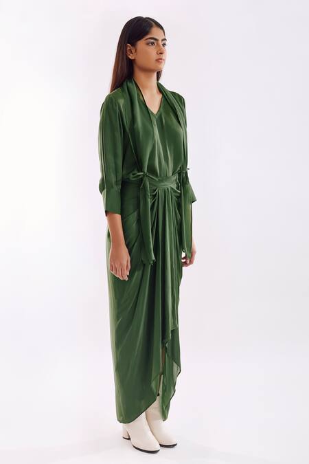 Notsosure_Green V-neck Side Tie Coord Set _at_Aza_Fashions