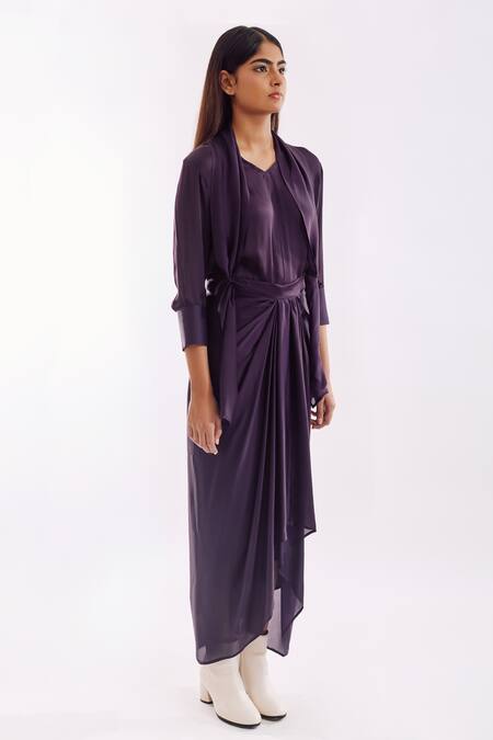 Notsosure Purple Georgette, Satin V-neck Side Tie Skirt Set Online at Aza Fashions Notsosure_Purple Georgette, Satin V-neck Side Tie Skirt Set _Online_at_Aza_Fashions