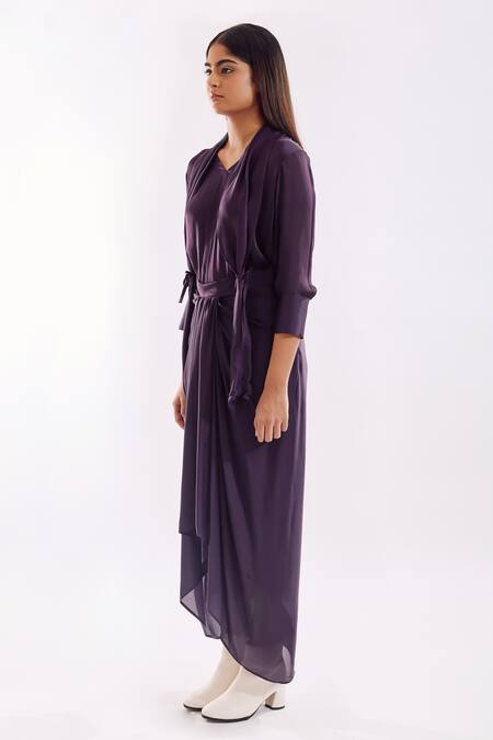 Buy Notsosure Purple Georgette, Satin V-neck Side Tie Skirt Set Online at Aza Fashions Buy_Notsosure_Purple Georgette, Satin V-neck Side Tie Skirt Set _Online_at_Aza_Fashions