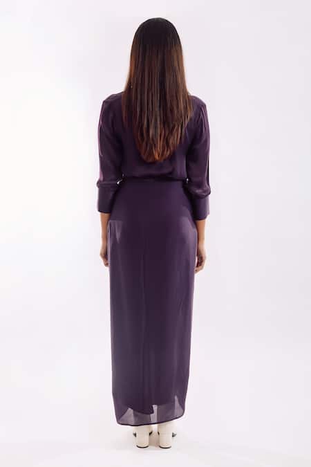 Shop Notsosure Purple Georgette, Satin V-neck Side Tie Skirt Set at Aza Fashions Shop_Notsosure_Purple Georgette, Satin V-neck Side Tie Skirt Set _at_Aza_Fashions