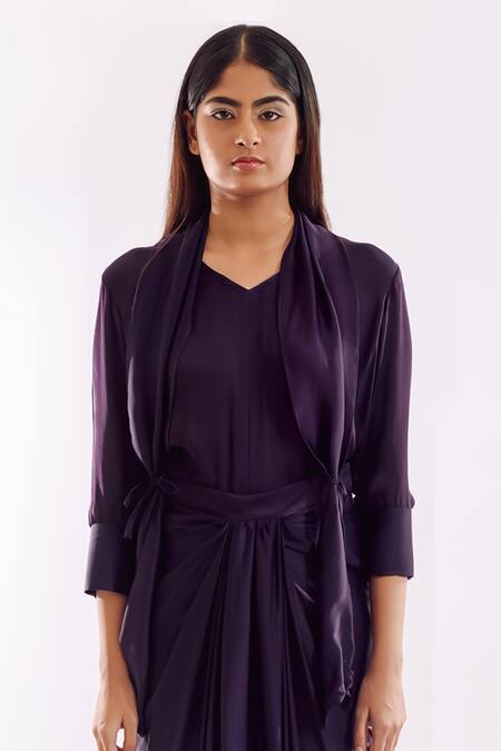 Notsosure Purple Georgette, Satin V-neck Side Tie Skirt Set at Aza Fashions Notsosure_Purple Georgette, Satin V-neck Side Tie Skirt Set _at_Aza_Fashions