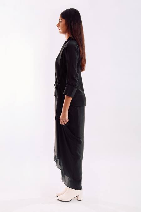 Notsosure Black Georgette, Satin V-neck Side Tie Coord Set Online at Aza Fashions Notsosure_Black Georgette, Satin V-neck Side Tie Coord Set _Online_at_Aza_Fashions